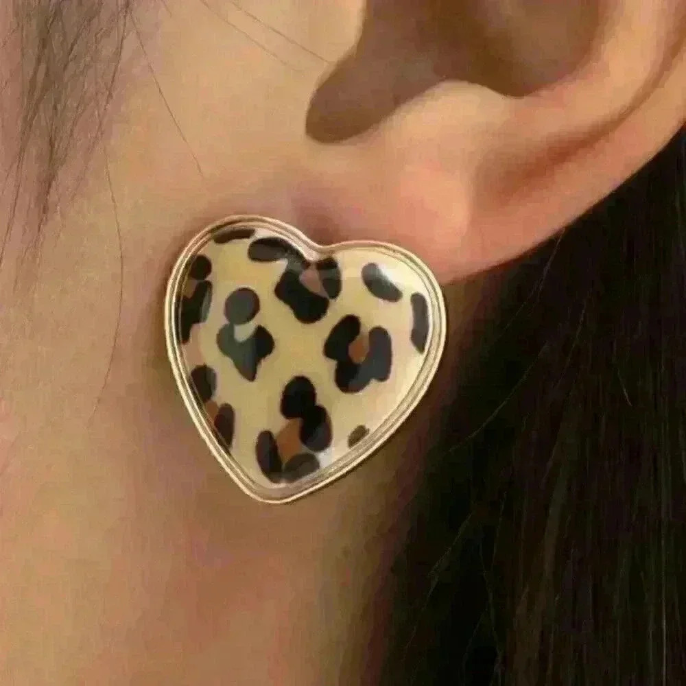 Leopard Pattern Love Heart Stud Earrings